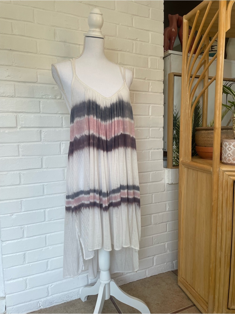 Free People Tie-Dye Spaghetti Strap Midi Dress with Pink & Gray Bands Oversized